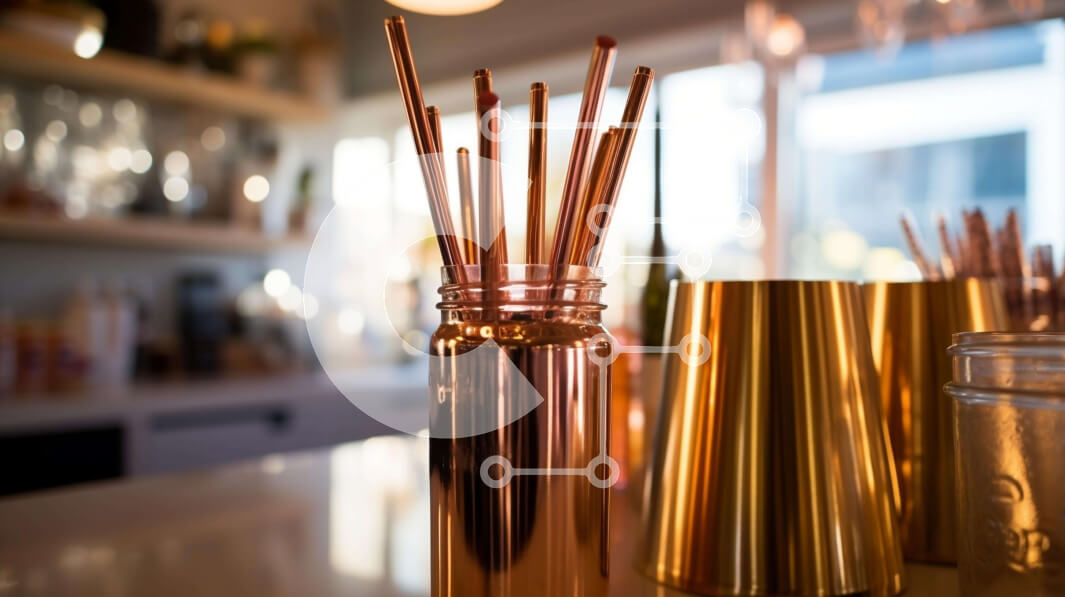 Intra Συλλεκτικό Ξύλινο Παζλ Plywood  4mm - Χάλκινα καλαμάκια πόσιμου σε βάζο στον πάγκο Σε Ξύλινο Κουτί - Διαστάσεις Puzzle: 10x10 cm – 25 κομμάτια