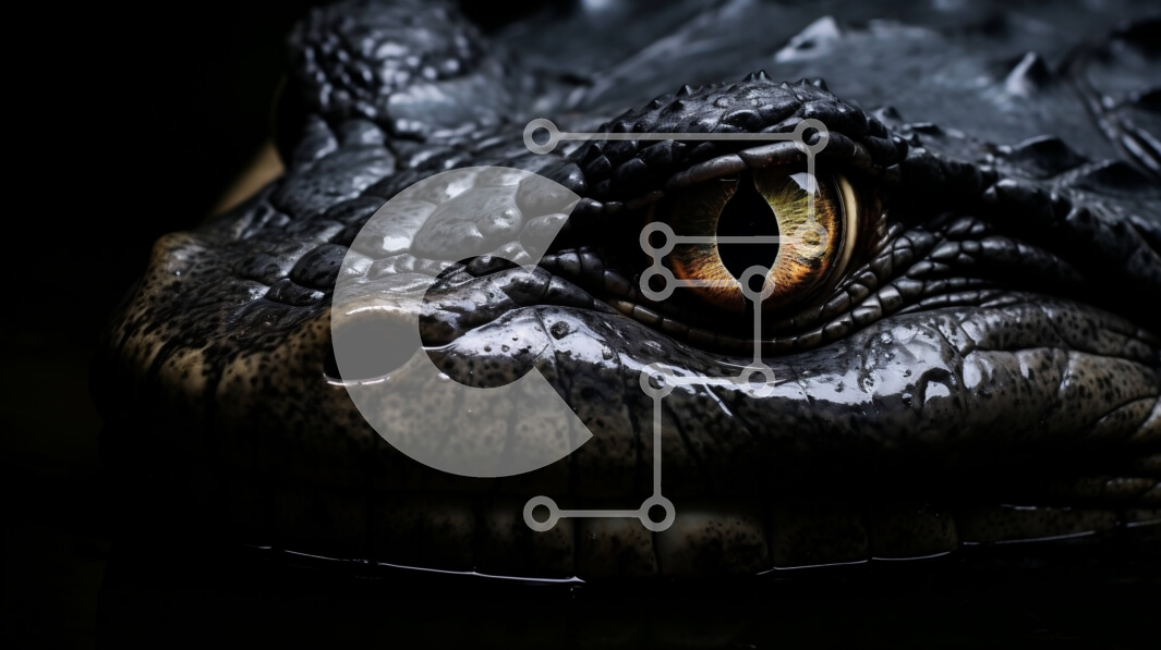 Σετ των 2 Intra Συλλεκτικό Ξύλινο Παζλ Plywood  4mm - Κοντινό πλάνο του κεφαλιού του αλιγάτορα με σκούρο φόντο Σε Ξύλινο Κουτί - Διαστάσεις: 10x10 cm – 25 κομμάτια