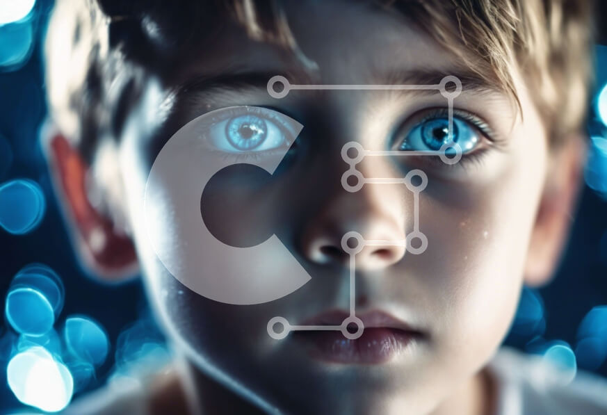 Intra Συλλεκτικό Ξύλινο Παζλ Plywood  4mm - Νεαρό αγόρι με μπλε μάτια που στέκεται μπροστά από ένα αφηρημένο υπόβαθρο Σε Ξύλινο Κουτί - Διαστάσεις Puzzle: 10x10 cm – 25 κομμάτια