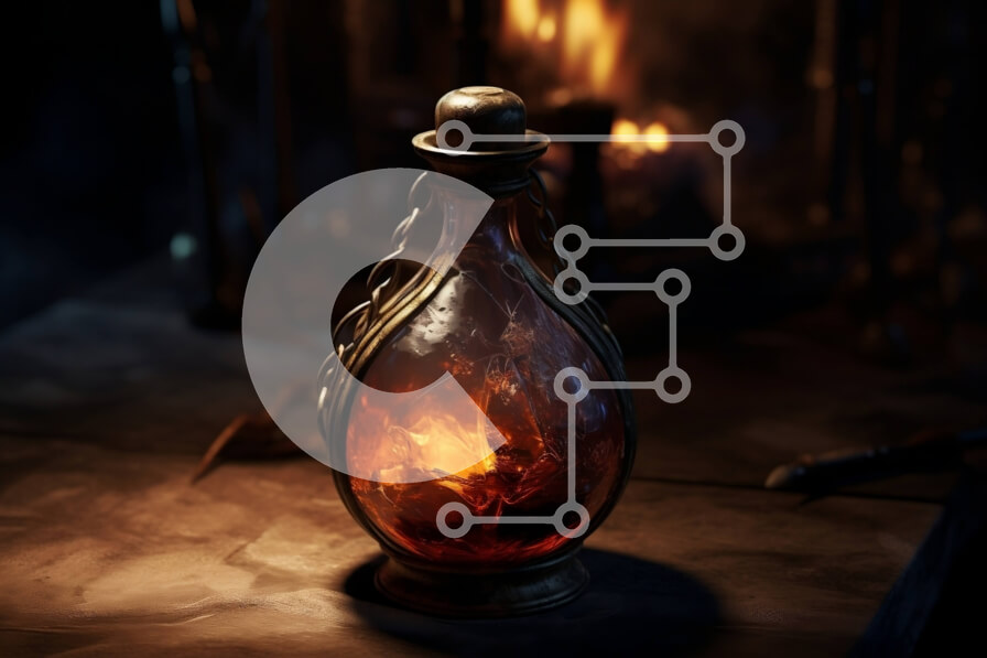 Intra Συλλεκτικό Ξύλινο Παζλ Plywood  4mm - Απόκοσμη εικόνα ενός γυάλινου μπουκαλιού με την «Ανάσα του Δράκου» μπροστά από ένα τζάκι Σε Ξύλινο Κουτί - Διαστάσεις: 10x10 cm – 25 κομμάτια