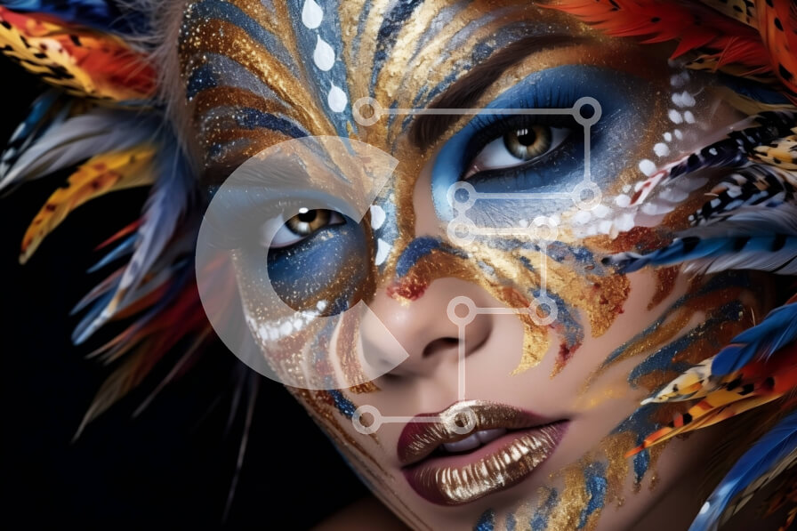 Intra Συλλεκτικό Ξύλινο Παζλ Plywood  4mm - Εκπληκτική εικόνα μιας γυναίκας με πολύχρωμη ζωγραφική προσώπου και φτερά στα μαλλιά της Σε Ξύλινο Κουτί - Διαστάσεις Puzzle: 10x10 cm – 25 κομμάτια