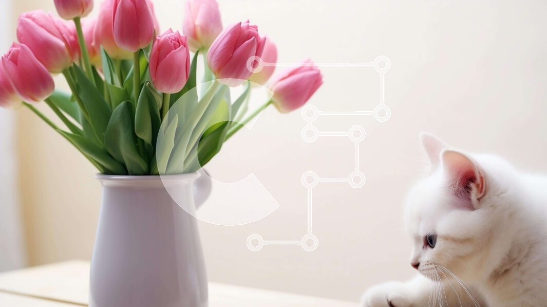 Intra Συλλεκτικό Ξύλινο Παζλ Plywood  4mm - Λευκή γάτα και ροζ τουλίπες Σε Ξύλινο Κουτί - Διαστάσεις: 10x10 cm – 25 κομμάτια