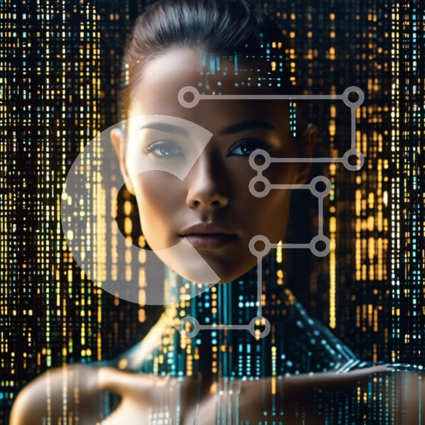 Intra Συλλεκτικό Ξύλινο Παζλ Plywood  4mm - Τεχνητά ευφυής γυναίκα που στέκεται μπροστά από τον ψηφιακό κώδικα Σε Ξύλινο Κουτί - Διαστάσεις Puzzle: 10x10 cm – 25 κομμάτια