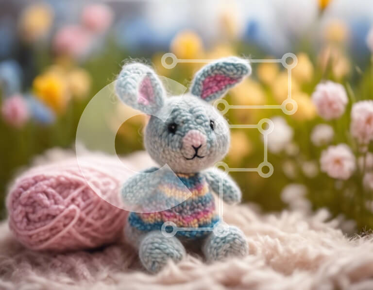 Intra Συλλεκτικό Ξύλινο Παζλ Plywood  4mm - Κουνελάκι με κροσέ σε πολύχρωμα λουλούδια και νήματα Σε Ξύλινο Κουτί - Διαστάσεις Puzzle: 10x10 cm – 25 κομμάτια