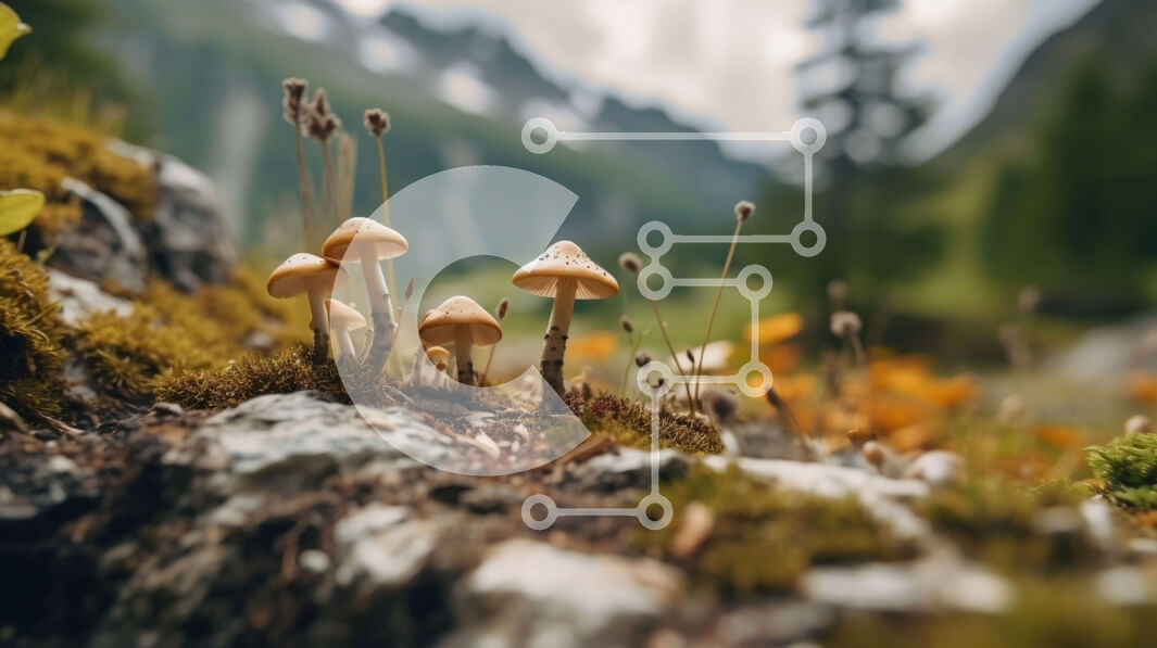 Intra Συλλεκτικό Ξύλινο Παζλ Plywood  4mm - Ομάδα μανιταριών που αναπτύσσεται σε βραχώδες έδαφος στα βουνά Σε Ξύλινο Κουτί - Διαστάσεις: 10x10 cm – 25 κομμάτια