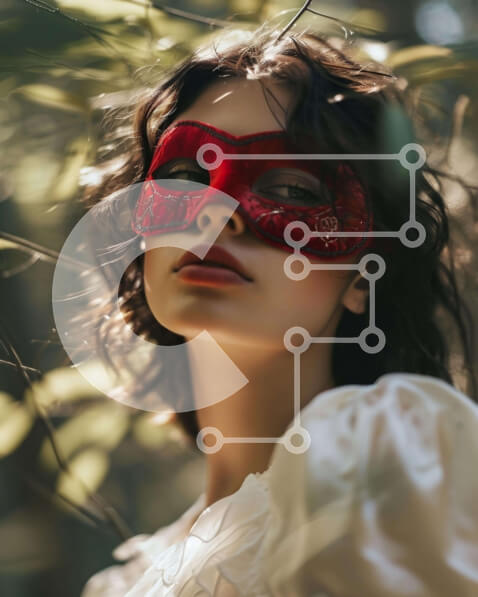 Intra Συλλεκτικό Ξύλινο Παζλ Plywood  4mm - Γυναίκα που φοράει κόκκινη μάσκα μεταμφίεσης και λευκά ρούχα Σε Ξύλινο Κουτί - Διαστάσεις Puzzle: 10x10 cm – 25 κομμάτια