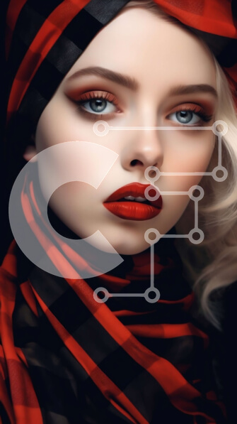 Intra Συλλεκτικό Ξύλινο Παζλ Plywood  4mm - Εκπληκτικό πορτρέτο μόδας γυναίκας με καρό κασκόλ και κόκκινα χείλη Σε Ξύλινο Κουτί - Διαστάσεις Puzzle: 10x10 cm – 25 κομμάτια