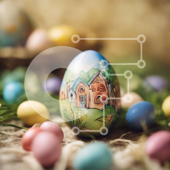 Intra Συλλεκτικό Ξύλινο Παζλ Plywood  4mm - Πασχαλινό αυγό με βαμμένο σπίτι και πολύχρωμα αυγά Σε Ξύλινο Κουτί - Διαστάσεις: 10x10 cm – 25 κομμάτια