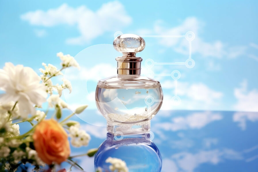 Intra Συλλεκτικό Ξύλινο Παζλ Plywood  4mm - Διαφανές γυάλινο μπουκάλι αρώματος με λευκά λουλούδια στο φόντο Σε Ξύλινο Κουτί - Διαστάσεις Puzzle: 10x10 cm – 25 κομμάτια