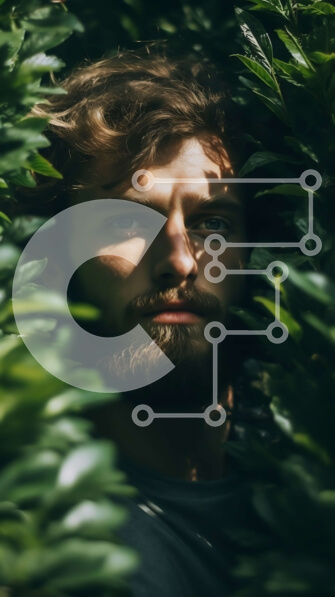 Intra Συλλεκτικό Ξύλινο Παζλ Plywood  4mm - Σοβαρός άνδρας με γένια και γυαλιά που κοιτάζει την κάμερα στο θολό πράσινο δάσος Σε Ξύλινο Κουτί - Διαστάσεις Puzzle: 10x10 cm – 25 κομμάτια