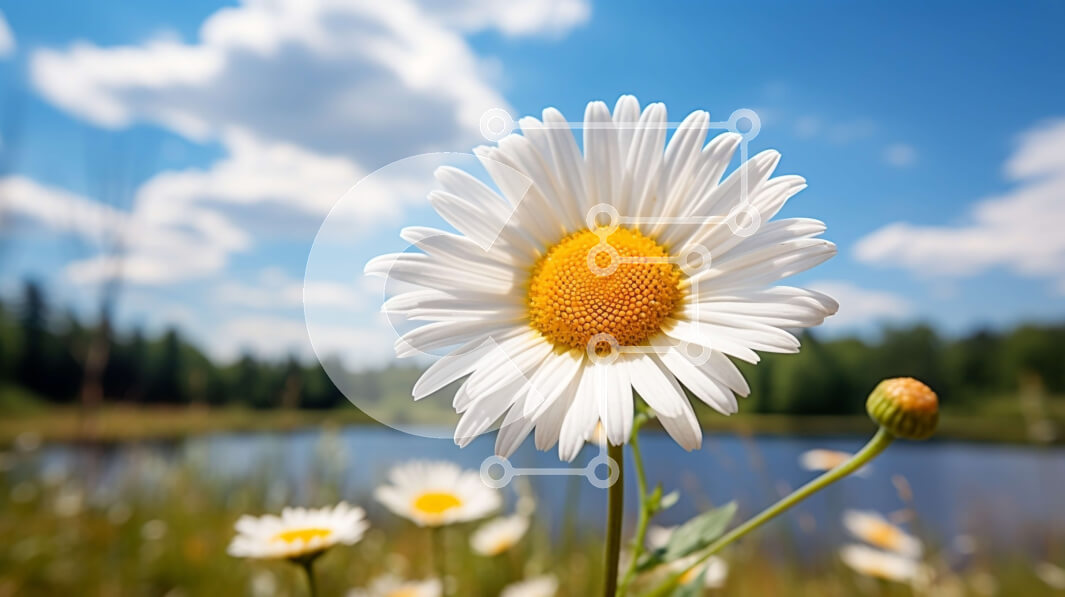 Intra Συλλεκτικό Ξύλινο Παζλ Plywood  4mm - Λευκή Μαργαρίτα με γαλάζιο ουρανό και πράσινο γρασίδι Σε Ξύλινο Κουτί - Διαστάσεις: 10x10 cm – 25 κομμάτια