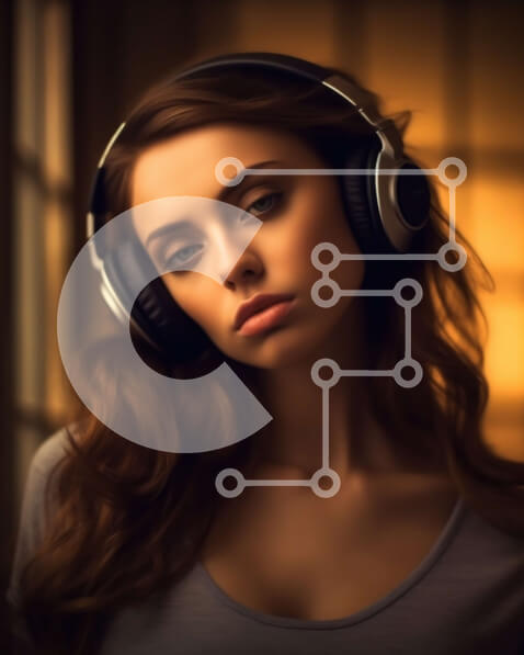 Intra Συλλεκτικό Ξύλινο Παζλ Plywood  4mm - Σοβαρή νεαρή γυναίκα που φορά τα ακουστικά κοιτάζοντας την κάμερα Σε Ξύλινο Κουτί - Διαστάσεις Puzzle: 10x10 cm – 25 κομμάτια