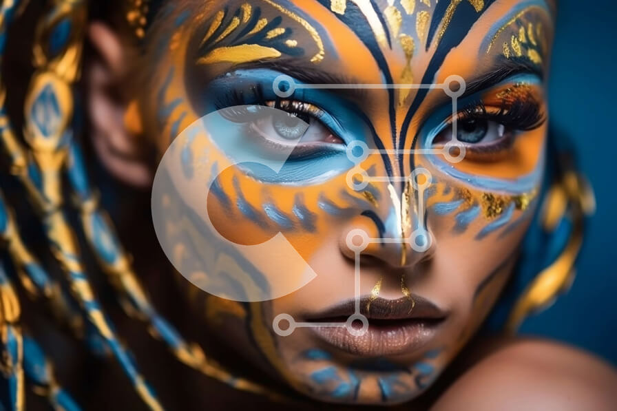 Intra Συλλεκτικό Ξύλινο Παζλ Plywood  4mm - Πολύχρωμη γυναίκα με μπλε/χρυσό κοστούμι με μπογιά προσώπου Σε Ξύλινο Κουτί - Διαστάσεις Puzzle: 10x10 cm – 25 κομμάτια