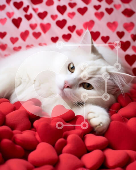 Σετ των 2 Intra Συλλεκτικό Ξύλινο Παζλ Plywood  4mm - Λευκή γάτα σε κόκκινα μαξιλάρια σε σχήμα καρδιάς Σε Ξύλινο Κουτί - Διαστάσεις: 10x10 cm – 25 κομμάτια