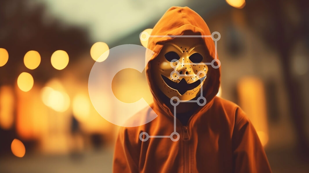 Intra Συλλεκτικό Ξύλινο Παζλ Plywood  4mm - Νεαρό άτομο με πορτοκαλί φούτερ και μάσκα για το Halloween Σε Ξύλινο Κουτί - Διαστάσεις Puzzle: 10x10 cm – 25 κομμάτια