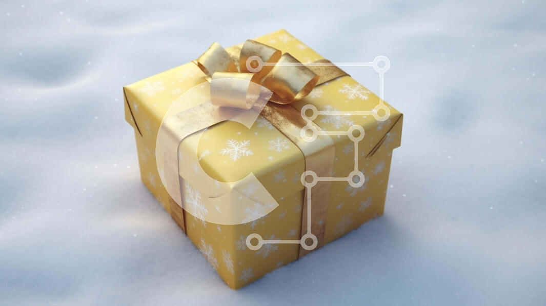 Intra Συλλεκτικό Ξύλινο Παζλ Plywood  4mm - Κίτρινο κουτί δώρου με χρυσή κορδέλα και νιφάδες χιονιού Σε Ξύλινο Κουτί - Διαστάσεις: 10x10 cm – 25 κομμάτια