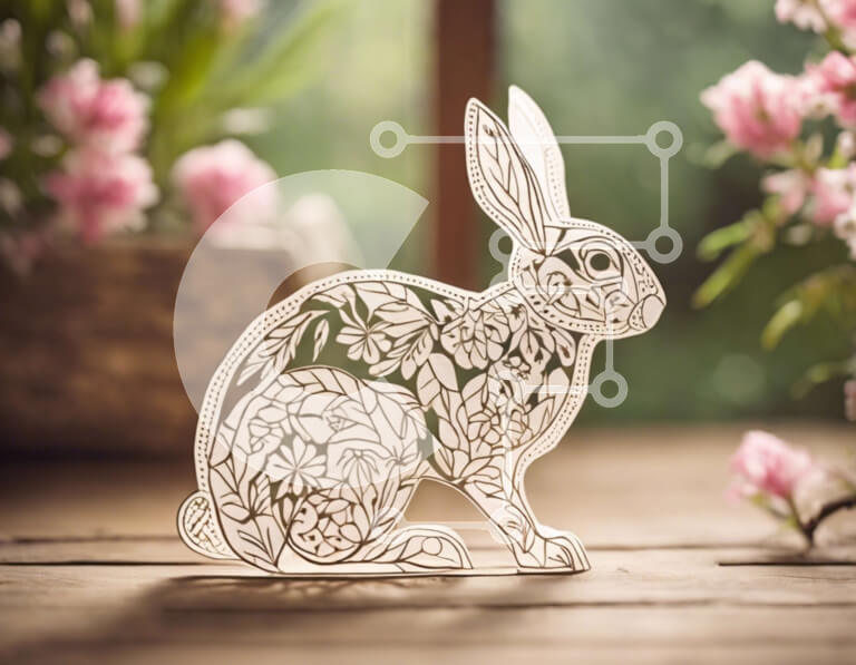 Intra Συλλεκτικό Ξύλινο Παζλ Plywood  4mm - Πασχαλινό κουνέλι σε ξύλινο τραπέζι με ροζ λουλούδια Σε Ξύλινο Κουτί - Διαστάσεις Puzzle: 10x10 cm – 25 κομμάτια