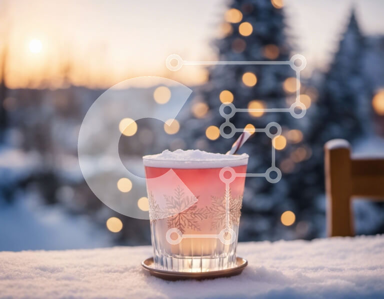 Intra Συλλεκτικό Ξύλινο Παζλ Plywood  4mm - Εορταστικό ροζ ποτό με νιφάδες χιονιού σε ένα υπαίθριο τραπέζι Σε Ξύλινο Κουτί - Διαστάσεις Puzzle: 10x10 cm – 25 κομμάτια