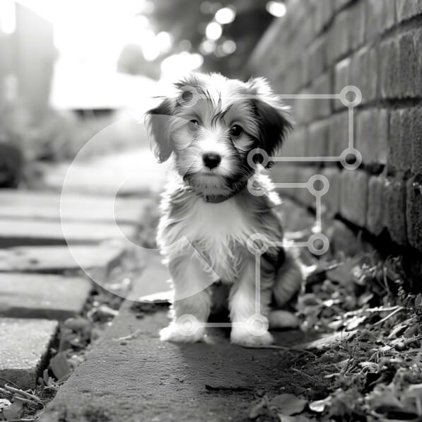 Intra Συλλεκτικό Ξύλινο Παζλ Plywood  4mm - Αξιολάτρευτη εικόνα ενός μικρού σκύλου που κάθεται μπροστά από έναν τοίχο από τούβλα Σε Ξύλινο Κουτί - Διαστάσεις: 10x10 cm – 25 κομμάτια