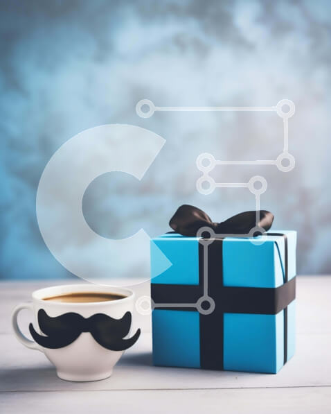 Intra Συλλεκτικό Ξύλινο Παζλ Plywood  4mm - Μπλε κουτί δώρου με φλιτζάνι καφέ και μουστάκι Σε Ξύλινο Κουτί - Διαστάσεις Puzzle: 10x10 cm – 25 κομμάτια