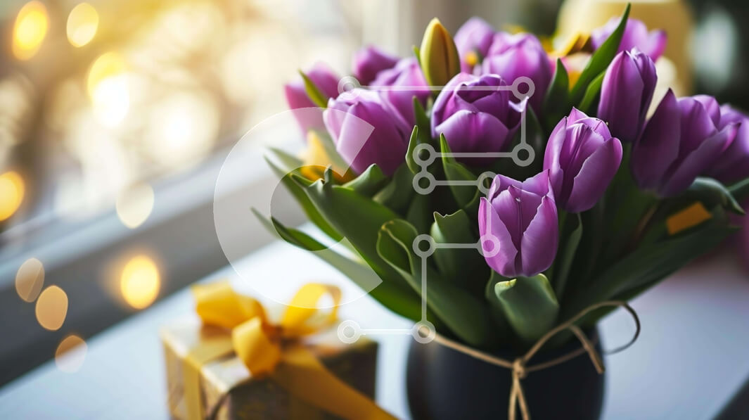 Intra Συλλεκτικό Ξύλινο Παζλ Plywood  4mm - Μωβ τουλίπες σε μαύρο βάζο από Ανοιχτό παράθυρο με κουτί δώρου Σε Ξύλινο Κουτί - Διαστάσεις: 10x10 cm – 25 κομμάτια