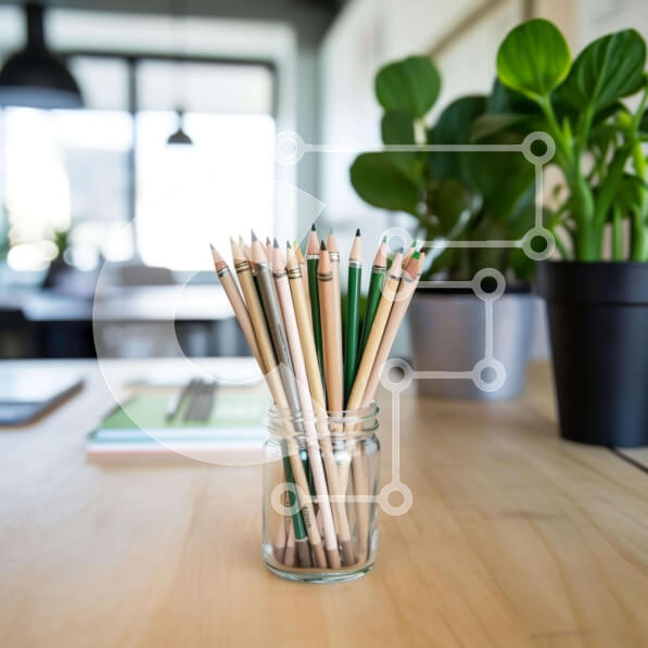 Intra Συλλεκτικό Ξύλινο Παζλ Plywood  4mm - Πολύχρωμα μολύβια σε γυάλινο βάζο στο ξύλινο γραφείο Σε Ξύλινο Κουτί - Διαστάσεις: 10x10 cm – 25 κομμάτια