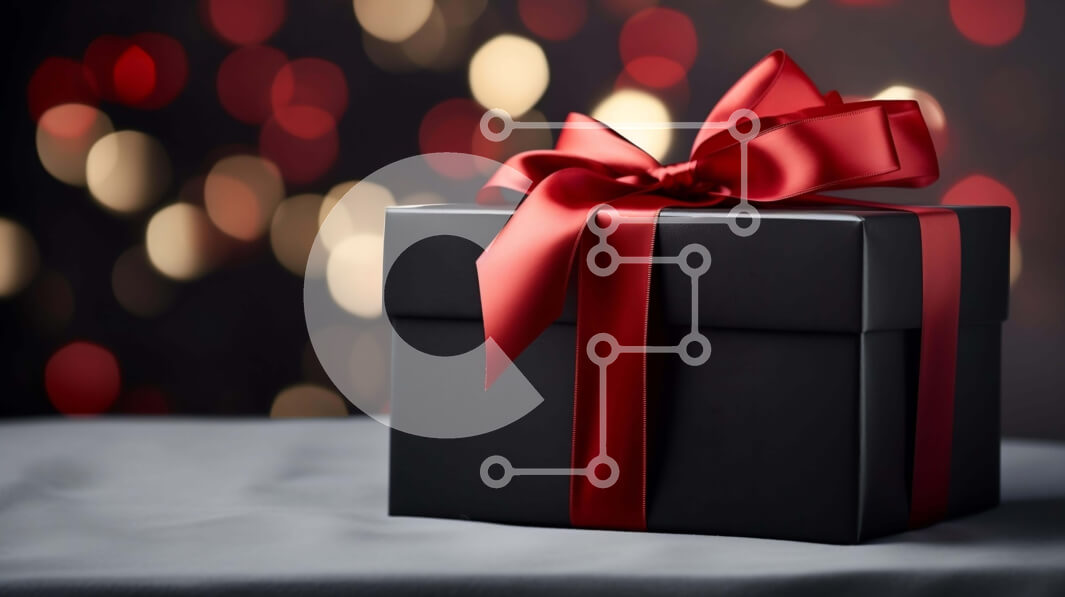 Intra Συλλεκτικό Ξύλινο Παζλ Plywood  4mm - Μαύρο κουτί δώρου με κόκκινη κορδέλα στο τραπέζι με φώτα Bokeh Σε Ξύλινο Κουτί - Διαστάσεις: 10x10 cm – 25 κομμάτια