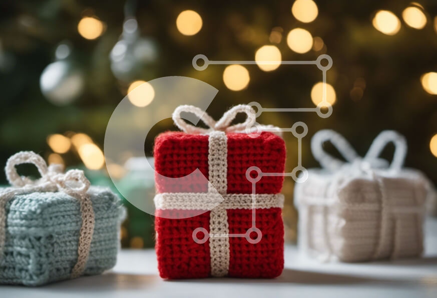 Intra Συλλεκτικό Ξύλινο Παζλ Plywood  4mm - Γιορτινά κροσέ κουτιά δώρων με χριστουγεννιάτικο δέντρο Σε Ξύλινο Κουτί - Διαστάσεις: 10x10 cm – 25 κομμάτια