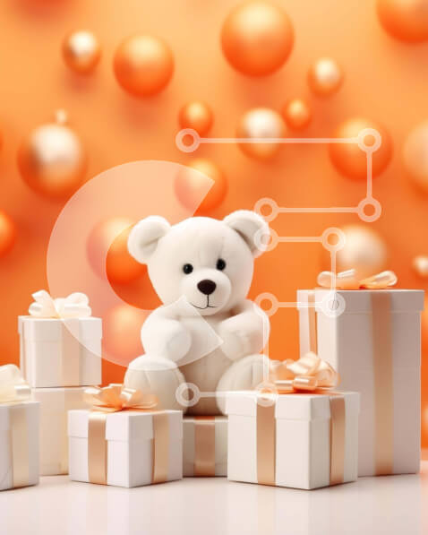 Intra Συλλεκτικό Ξύλινο Παζλ Plywood  4mm - Λευκό αρκουδάκι και κουτιά δώρων με πορτοκαλί και χρυσά μπαλόνια Σε Ξύλινο Κουτί - Διαστάσεις: 10x10 cm – 25 κομμάτια