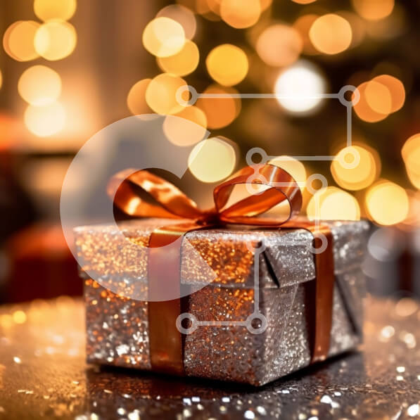 Intra Συλλεκτικό Ξύλινο Παζλ Plywood  4mm - Ασημένιο κουτί δώρου με κόκκινη κορδέλα στο τραπέζι μπροστά από το χριστουγεννιάτικο δέντρο Σε Ξύλινο Κουτί - Διαστάσεις: 10x10 cm – 25 κομμάτια