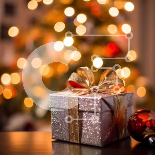 Intra Συλλεκτικό Ξύλινο Παζλ Plywood  4mm - Χριστουγεννιάτικο κουτί δώρου με φιόγκο και δέντρο | Φωτογραφία Αρχείου Σε Ξύλινο Κουτί - Διαστάσεις: 10x10 cm – 25 κομμάτια