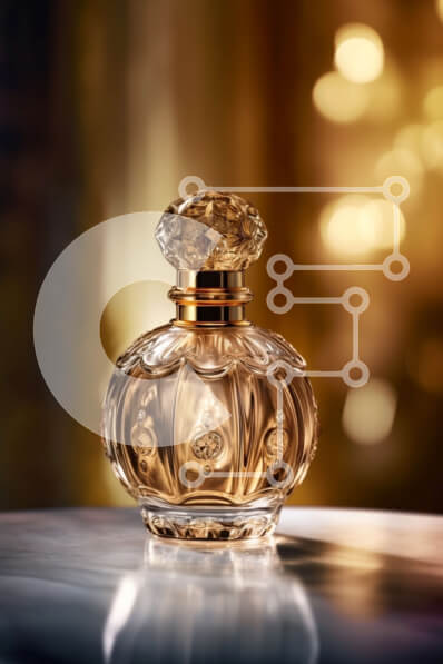 Intra Συλλεκτικό Ξύλινο Παζλ Plywood  4mm - Κομψό χρυσό μπουκάλι αρώματος σε τραπέζι με θολά φώτα στο φόντο Σε Ξύλινο Κουτί - Διαστάσεις Puzzle: 10x10 cm – 25 κομμάτια