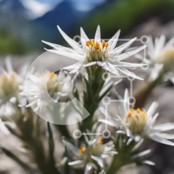 Intra Συλλεκτικό Ξύλινο Παζλ Plywood  4mm - Λευκά λουλούδια με κίτρινα κέντρα σε βραχώδες έδαφος με βουνά στο φόντο Σε Ξύλινο Κουτί - Διαστάσεις: 10x10 cm – 25 κομμάτια