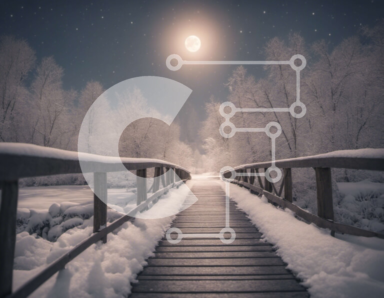 Intra Συλλεκτικό Ξύλινο Παζλ Plywood  4mm - Χιονισμένη ξύλινη γέφυρα στο δάσος τη νύχτα με πανσέληνο Σε Ξύλινο Κουτί - Διαστάσεις: 10x10 cm – 25 κομμάτια