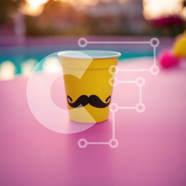 Intra Συλλεκτικό Ξύλινο Παζλ Plywood  4mm - Κίτρινο χάρτινο κύπελλο με σχέδιο μουστάκι σε ροζ τραπέζι δίπλα στην πισίνα Σε Ξύλινο Κουτί - Διαστάσεις: 10x10 cm – 25 κομμάτια