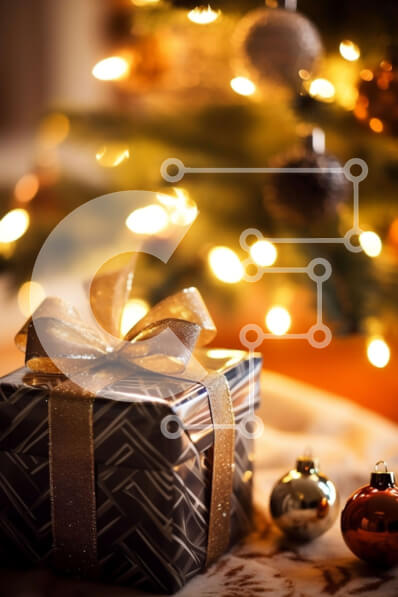 Intra Συλλεκτικό Ξύλινο Παζλ Plywood  4mm - Όμορφα τυλιγμένο κουτί δώρου μπροστά από το χριστουγεννιάτικο δέντρο Σε Ξύλινο Κουτί - Διαστάσεις: 10x10 cm – 25 κομμάτια