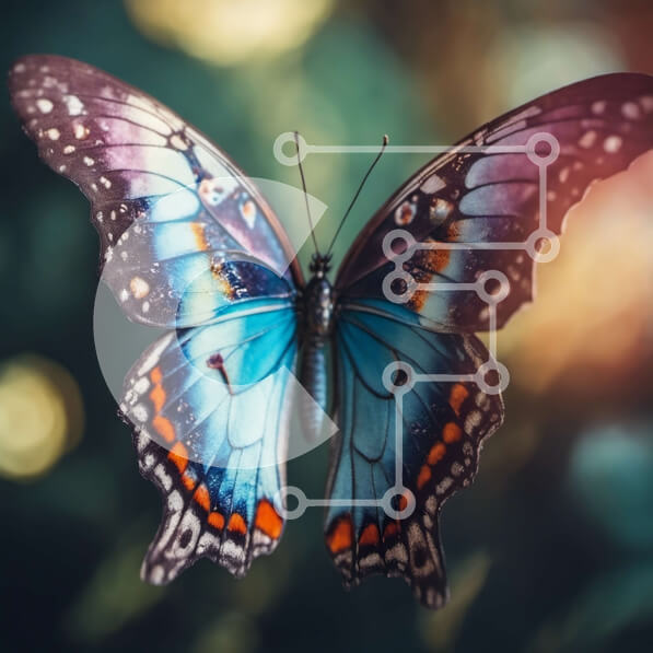 Intra Συλλεκτικό Ξύλινο Παζλ Plywood  4mm - Μπλε πεταλούδα σε πτήση με μαύρα και πορτοκαλί σημάδια Σε Ξύλινο Κουτί - Διαστάσεις: 10x10 cm – 25 κομμάτια