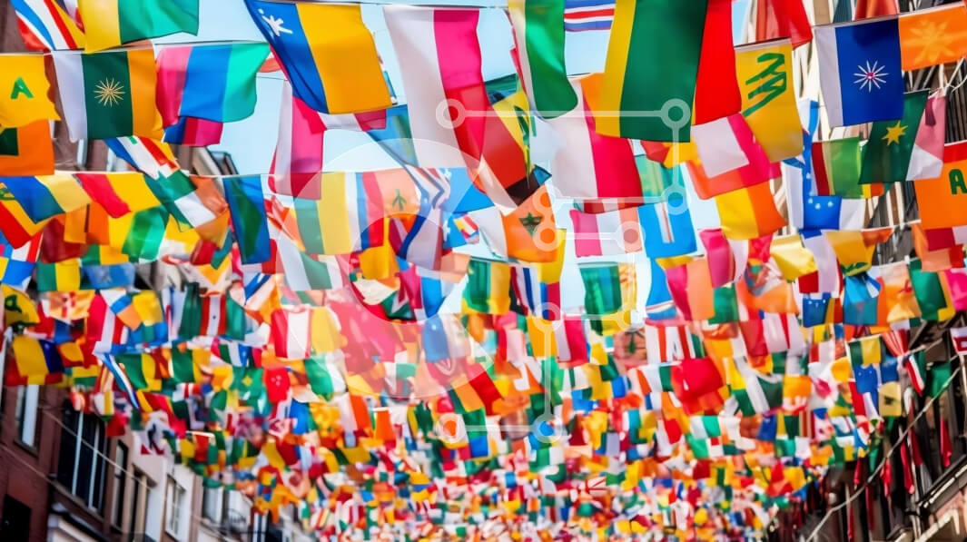 Intra Συλλεκτικό Ξύλινο Παζλ Plywood  4mm - Όμορφη εικόνα ευρωπαϊκής οδού με πολύχρωμες σημαίες και λιθόστρωτα Σε Ξύλινο Κουτί - Διαστάσεις Puzzle: 10x10 cm – 25 κομμάτια