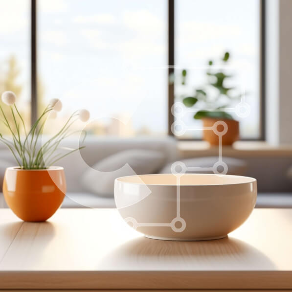 Intra Συλλεκτικό Ξύλινο Παζλ Plywood  4mm - Τραπέζι με λευκό μπολ μπροστά από τη θέα στον ορίζοντα της πόλης Σε Ξύλινο Κουτί - Διαστάσεις Puzzle: 10x10 cm – 25 κομμάτια