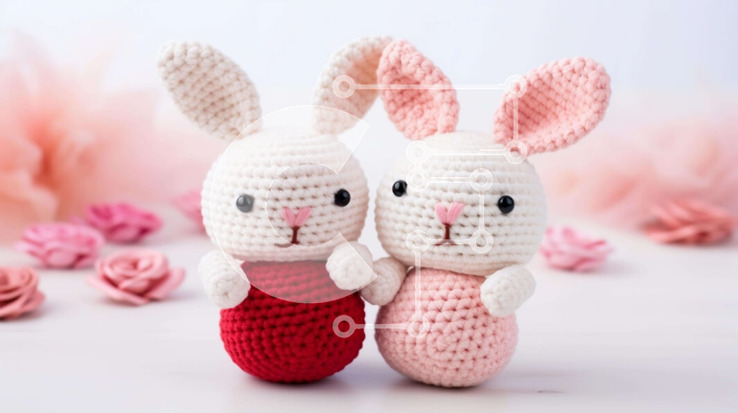 Intra Συλλεκτικό Ξύλινο Παζλ Plywood  4mm - Δύο κροσέ κουνελάκια με ροζ και κόκκινα λουλούδια Σε Ξύλινο Κουτί - Διαστάσεις Puzzle: 10x10 cm – 25 κομμάτια