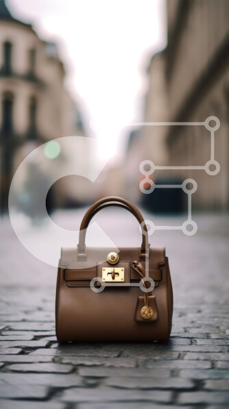 Intra Συλλεκτικό Ξύλινο Παζλ Plywood  4mm - Κομψή καφέ δερμάτινη τσάντα με χρυσή κλειδαριά στο πεζοδρόμιο του City Street Σε Ξύλινο Κουτί - Διαστάσεις Puzzle: 10x10 cm – 25 κομμάτια