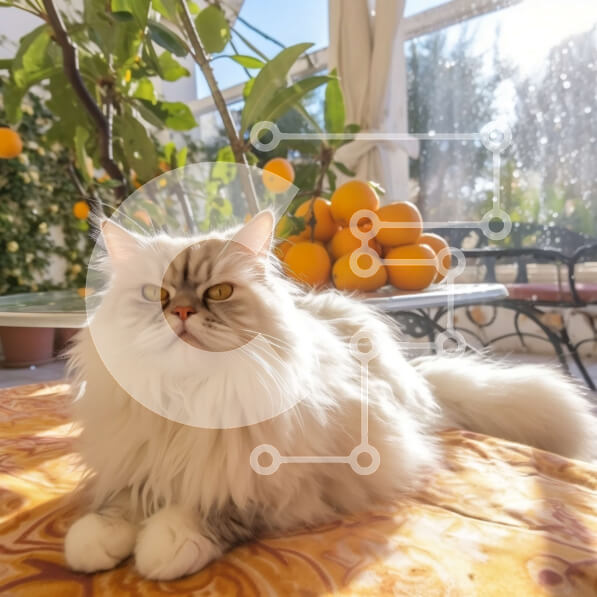 Intra Συλλεκτικό Ξύλινο Παζλ Plywood  4mm - Αξιολάτρευτη λευκή γάτα που κάθεται σε μια κουβέρτα μπροστά από ένα παράθυρο με πορτοκάλια στο περβάζι Σε Ξύλινο Κουτί - Διαστάσεις: 10x10 cm – 25 κομμάτια