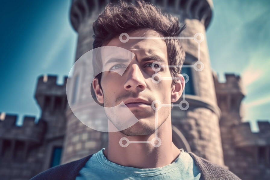 Intra Συλλεκτικό Ξύλινο Παζλ Plywood  4mm - Άτομο που στέκεται μπροστά από ένα κάστρο Σε Ξύλινο Κουτί - Διαστάσεις Puzzle: 10x10 cm – 25 κομμάτια