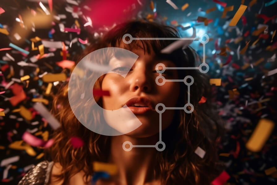 Intra Συλλεκτικό Ξύλινο Παζλ Plywood  4mm - Παιχνιδιάρικη νεαρή γυναίκα με μακριά κατσαρά μαλλιά και τοπ με παγιέτες ανάμεσα σε κομφετί Σε Ξύλινο Κουτί - Διαστάσεις Puzzle: 10x10 cm – 25 κομμάτια