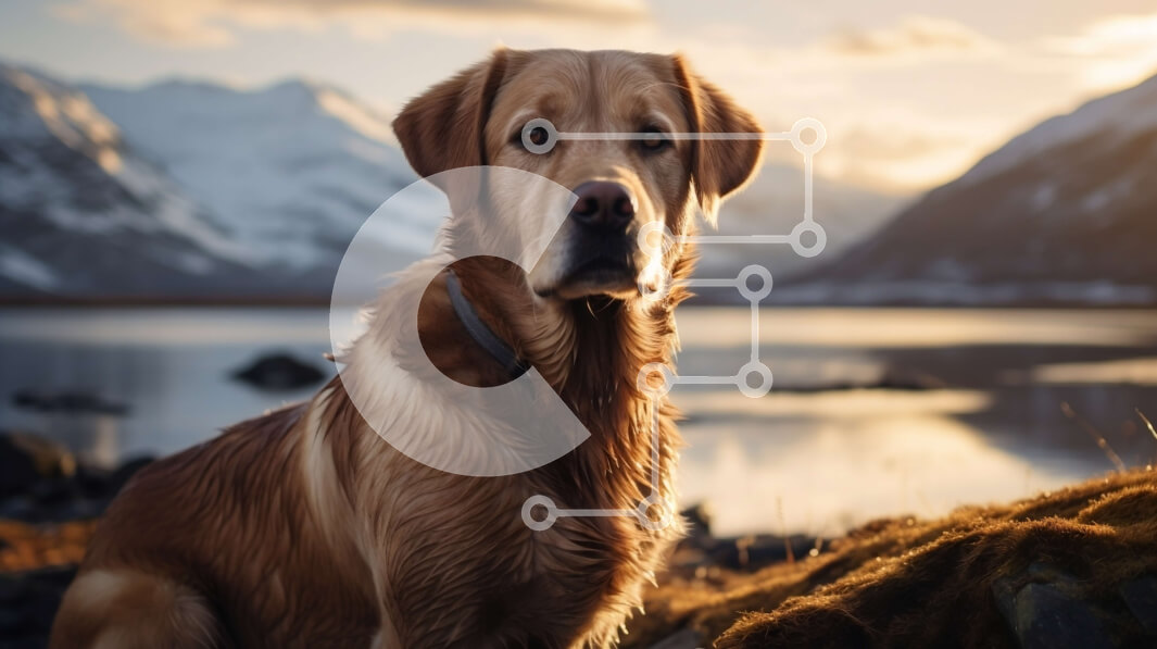 Intra Συλλεκτικό Ξύλινο Παζλ Plywood  4mm - Σκύλος Γκόλντεν Ριτρίβερ που κάθεται δίπλα σε μια λίμνη με βουνά Σε Ξύλινο Κουτί - Διαστάσεις: 10x10 cm – 25 κομμάτια