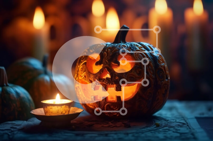 Intra Συλλεκτικό Ξύλινο Παζλ Plywood  4mm - Spooky Jack-o-Lantern σκαλιστή κολοκύθα με αναμμένο κερί Σε Ξύλινο Κουτί - Διαστάσεις: 10x10 cm – 25 κομμάτια