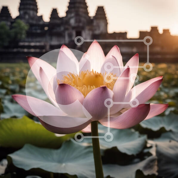 Intra Συλλεκτικό Ξύλινο Παζλ Plywood  4mm - Λουλούδι Lotus σε μια λίμνη με το ναό στο φόντο Σε Ξύλινο Κουτί - Διαστάσεις: 10x10 cm – 25 κομμάτια