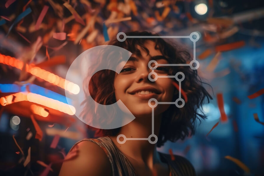 Intra Συλλεκτικό Ξύλινο Παζλ Plywood  4mm - Χαμογελαστή γυναίκα με σγουρά μαλλιά και κομφετί στο φόντο Σε Ξύλινο Κουτί - Διαστάσεις Puzzle: 10x10 cm – 25 κομμάτια