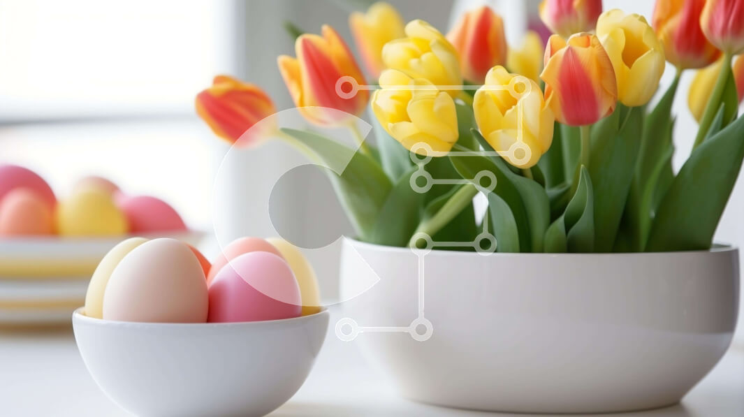 Intra Συλλεκτικό Ξύλινο Παζλ Plywood  4mm - Πολύχρωμα Πασχαλινά αυγά και τουλίπες σε ένα λευκό μπολ Σε Ξύλινο Κουτί - Διαστάσεις: 10x10 cm – 25 κομμάτια