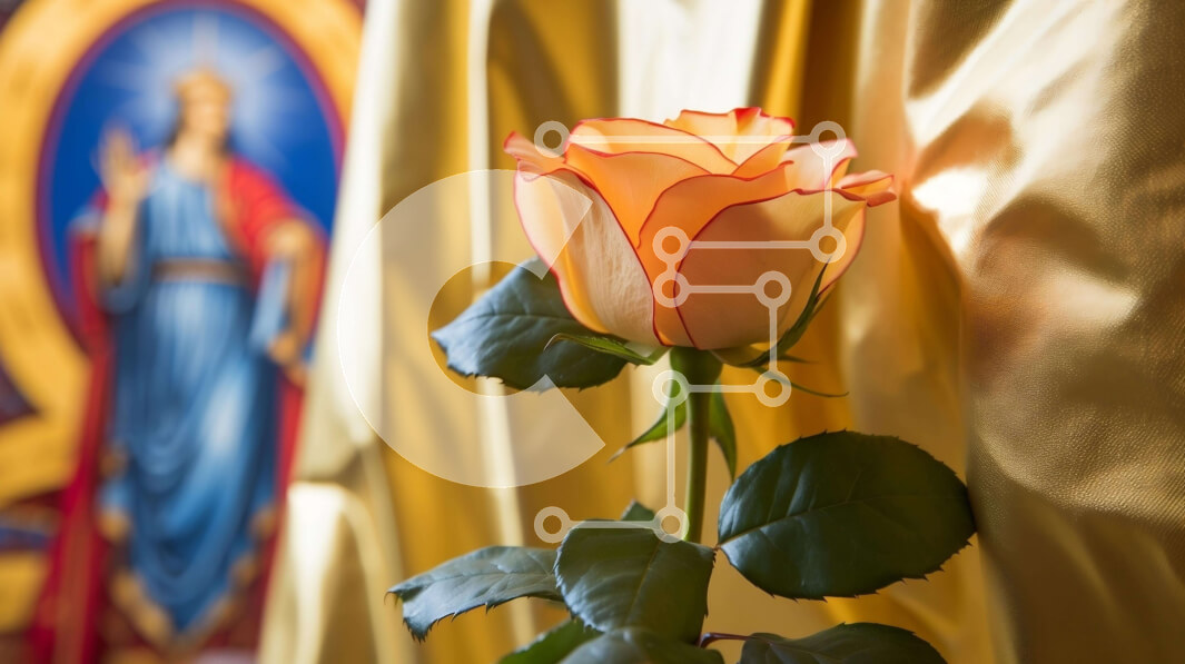 Intra Συλλεκτικό Ξύλινο Παζλ Plywood  4mm - Μονό πορτοκαλί τριαντάφυλλο μπροστά από τη χρυσή κουρτίνα με τη ζωγραφική της Μαρίας και του Ιησού Σε Ξύλινο Κουτί - Διαστάσεις Puzzle: 10x10 cm – 25 κομμάτια